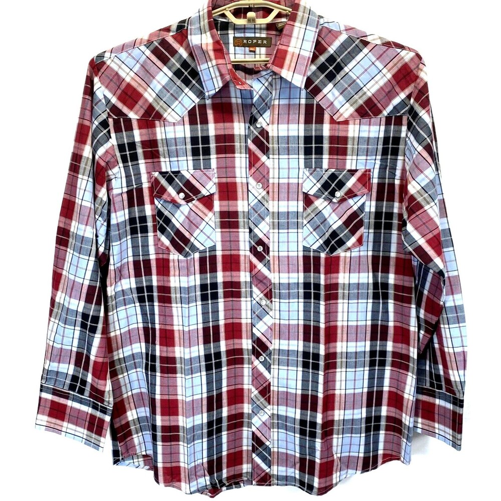 ROPER Men's 2XL XXL Shirt Western Long Sleeve Pearl Snap Blue Plaid Rodeo